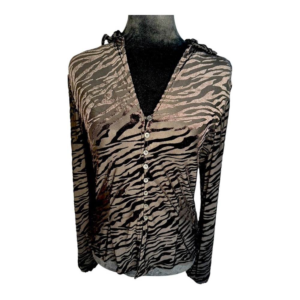 Princess Polly Collared Button-Up Black Velvet Tiger Stripe Mesh Top - Size 10